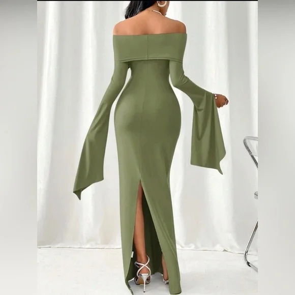 Bronze Noir Enchantment Off-Shoulder Flare Sleeve Dress | Size S - Picture 7 of 8